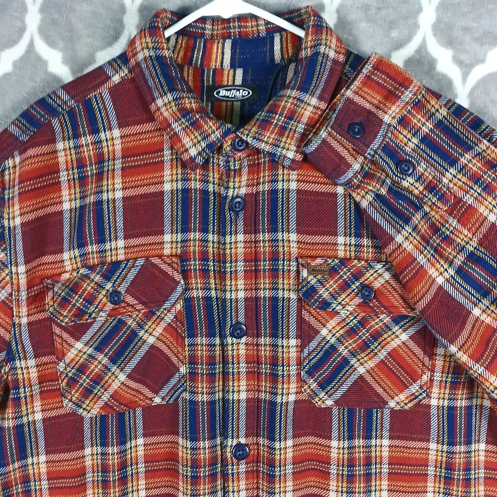Buffalo Jeans Flannel Shirt Jacket Men XL Rust Blue Plaid Shacket Cotton